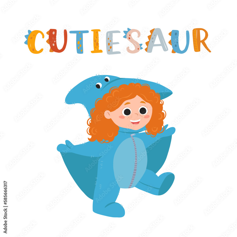 Fototapeta premium Little girl dressed in jumpsuit kigurumi in form of pterodactyl. Girl in dinosaur or dragon costume with hood and tail. Cozy tyrannosaurus pajamas. Cartoon flat vector illustration in doodle style