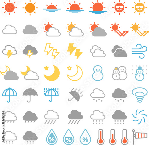 Line drawing set of various weather icons