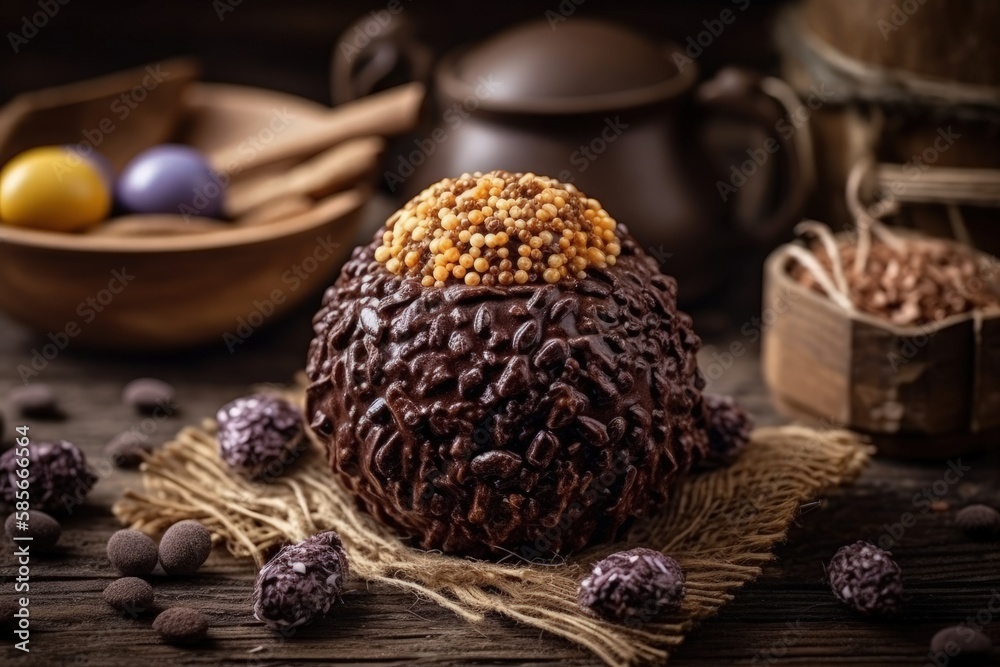 delicious chocolate cake with chocolate and sprinkles on a rustic wooden table. Generative AI delicious chocolate cake with chocolate and sprinkles on a rustic wooden table. Generative AI