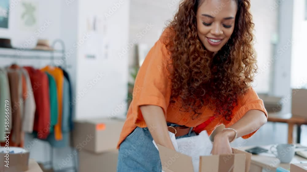 Fashion designer, clothes or packaging in logistics boxes in retail order, shipping delivery or boutique stock export. Smile, happy or small business owner in fabric production workshop or gift store