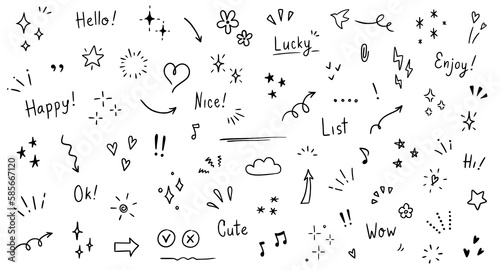Doodle cute glitter pen line elements. Doodle heart, arrow, star, sparkle decoration symbol set icon. Simple sketch line style emphasis, attention, pattern elements. Vector illustration. photo