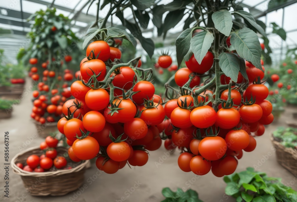 A large basket of tomatoes is held in a greenhouse, tomatoes in the garden, 