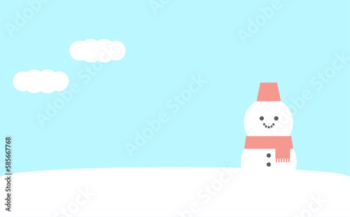 雪景色と雪だるまのイラスト　背景　素材　ブルー