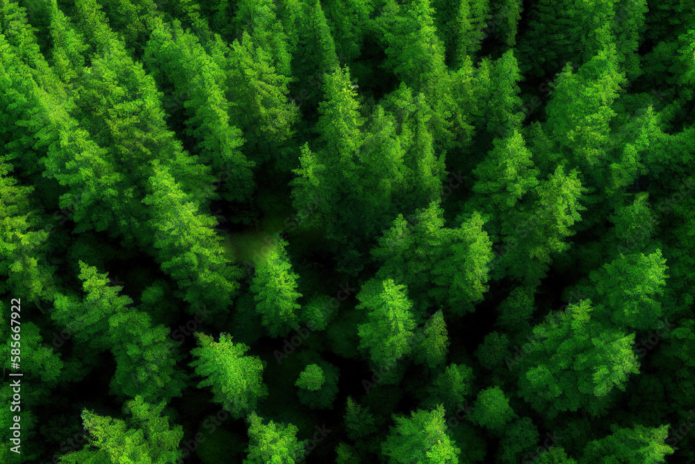 Aerial top view of summer green trees in forest in rural Finland. Generative Ai