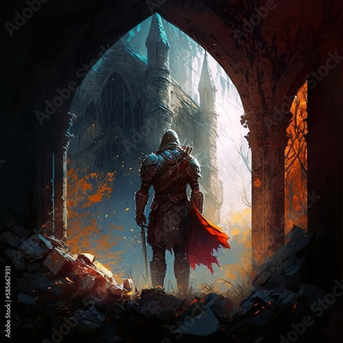 Fantasy landscape painting of a medieval knight standing in the ruins of an old castle.