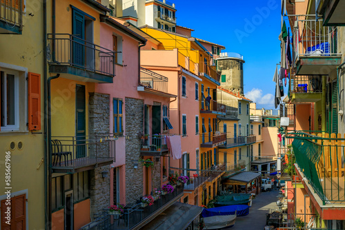 Colorful houses in Manarola in Cinque Terre on the Mediterranean Sea  Italy