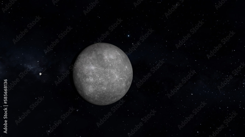 Space probe Approaching Planet Mercury. 3D Rendering