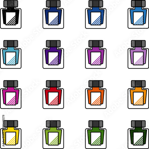 Illustration set of fountain pen ink bottles.