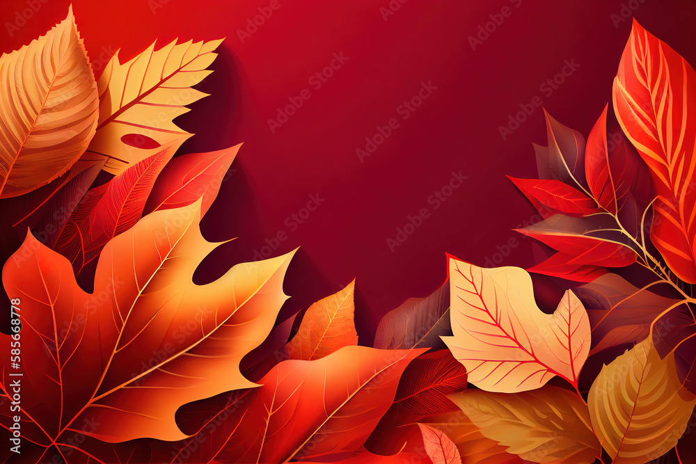 Autumn leaves on red background design with copy space vector illustration. Generative Ai