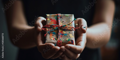 Close up of hands holding a birthday present. Generative AI 