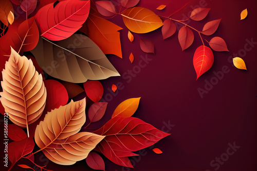 Autumn leaves on red background design with copy space vector illustration. Generative Ai