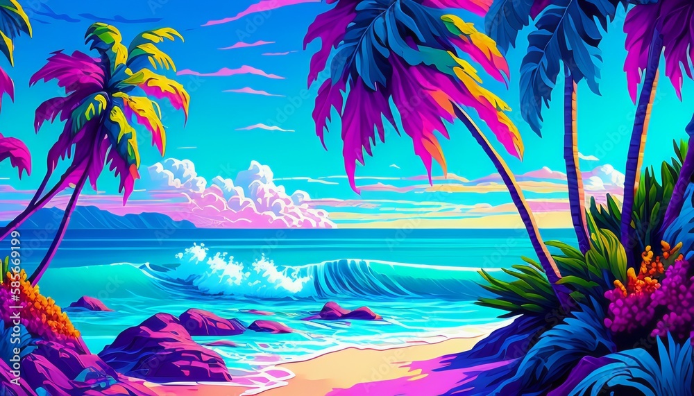 Ocean Tropical resort landscape. Sea shore beach, sun, exotic silhouettes palms, coastline, clouds, sky, summer vacation. Generative AI