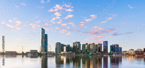 Panorama of Melbourne CBD Docklands buildings and Yarra river