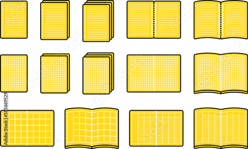 A set of notebook icons, simple writing utensils, illustrations, stationery, graph paper, schedule book