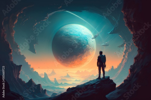 the Unknown  A Majestic Painting of a Man on a Mountain Gazing at a New Planet in the Distance  Generative AI.