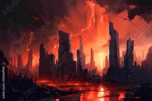 Red Thunder Cityscape: A Fiery Digital Painting Depicting the Burning City in Stunning Detail, Generative AI.