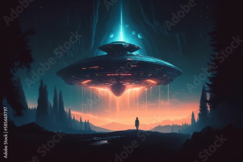 Nighttime Abduction: A Captivating Digital Art Depicting a Sci-Fi Spaceship Taking Humans Away, Generative AI.