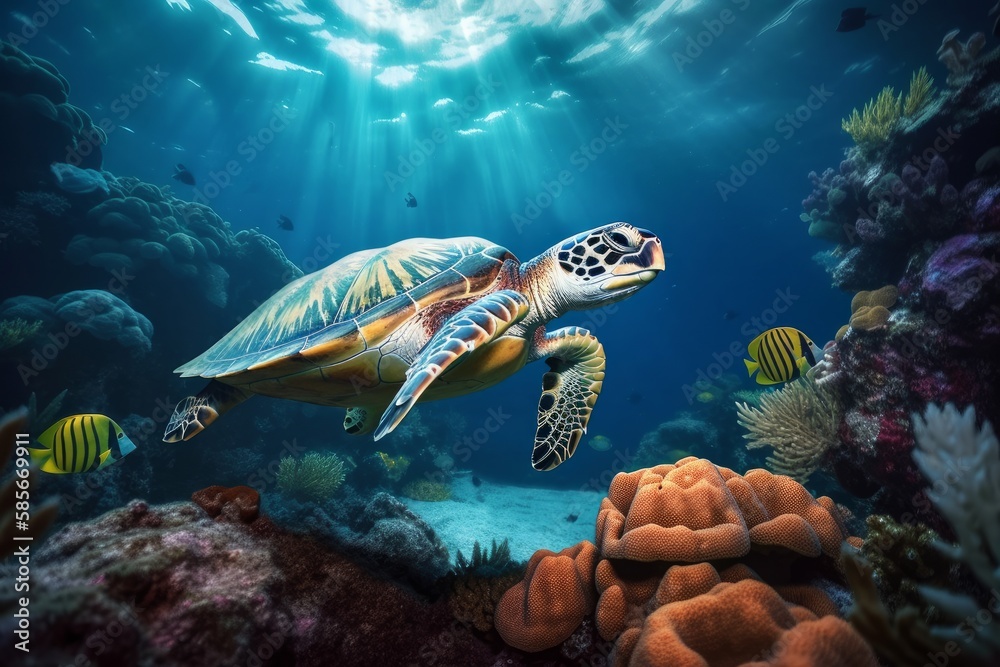 the Vibrant Underwater World: A Journey Through Corals and Turtles on the Water Floor, Generative AI.