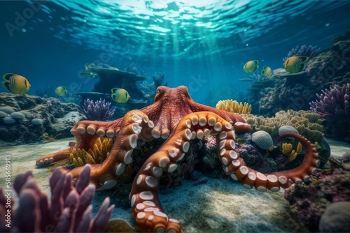 the Enchanting Underwater World: A Journey Through Corals and Octopus on the Ocean Floor, Generative AI.