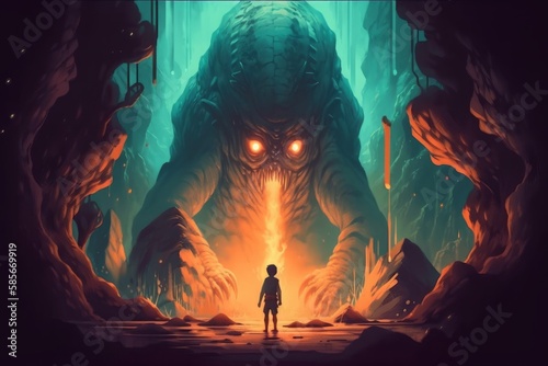 Journey into the Unknown: A Man's Encounter with a Mysterious Land and its Monstrous Guardian in Digital Art, Generative AI.