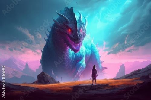 the Power of Magic: A Mage Woman's Summoning of a Giant Creature in a Colorful Landscape - A Digital Painting, Generative AI.