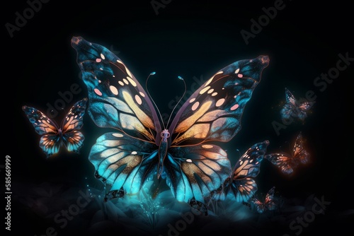 Mesmerizing Night Glowing Butterflies Illuminate Dark Abstract Canvas in a Dazzling Display, Generative AI. © ParinApril