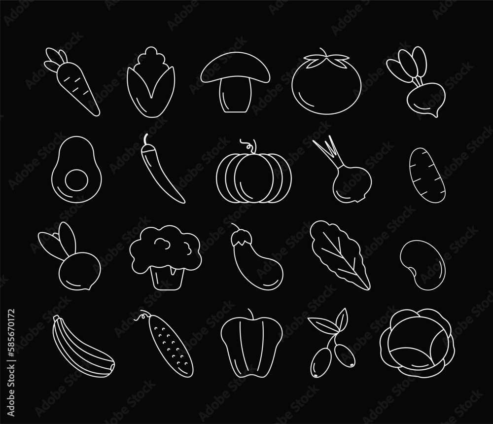 Vector set.Vegetables.Linear.Keto.Food.Post.Print for textile,web design,social media. Illustration,Icons, Summer.Keto Diet,Keto,Vegetables,Picnic.Breakfast.White. on a black background.Line.Eco Vector set.Vegetables.Linear.Keto.Food.Post.Print for textile,web design,social media. Illustration,Icons, Summer.Keto Diet,Keto,Vegetables,Picnic.Breakfast.White. on a black background.Line.Eco