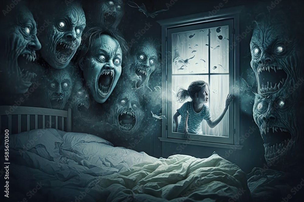 Realistic horrible nightmare in the room with monsters. Beautiful  illustration picture. Generative AI Stock Illustration
