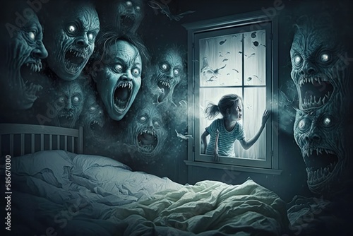 Realistic horrible nightmare in the room with monsters. Beautiful illustration picture. Generative AI