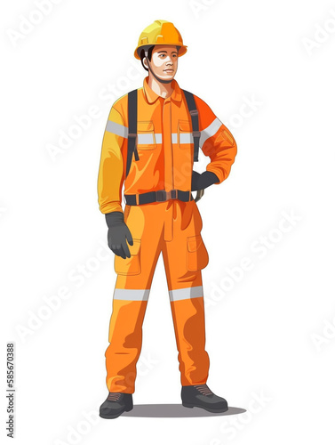 Cartoon style illustration of a male construction worker standing on a white background. He wears clothing and safety equipment appropriate to the construction work he will be doing. © Aisyaqilumar