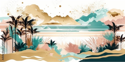 Conception of vacation and travel. Sea and palms on the beach. Beautiful illustration picture. Generative AI © standret