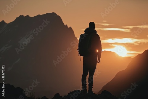 Silhouette of tourist that is in the mountains, sunset time. Beautiful illustration picture. Generative AI