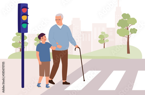 Smiling Boy Helping Senior Man With Walking Cane To Cross The Pedestrian Crosswalk. Full Length. Flat Design Style, Character, Cartoon.
