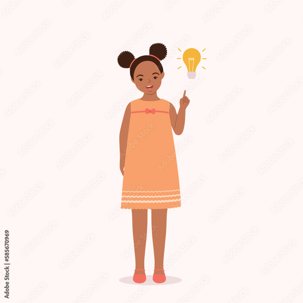One Smiling Little Black Girl Thinking With One Finger Pointing Up A Yellow Light Bulb. Full Length. Flat Design Style, Character, Cartoon. One Smiling Little Black Girl Thinking With One Finger Pointing Up A Yellow Light Bulb. Full Length. Flat Design Style, Character, Cartoon.