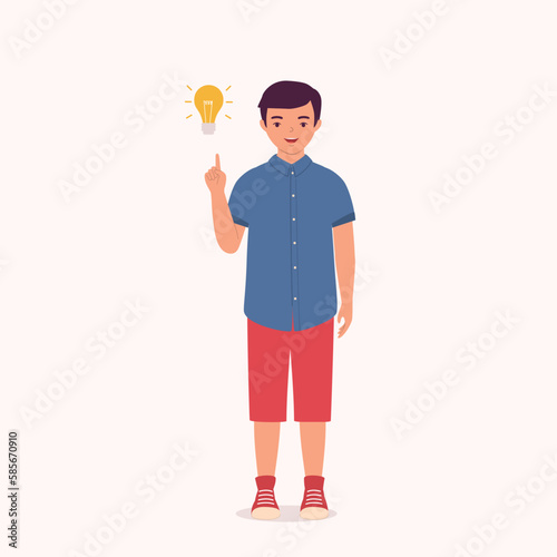 One Smiling Little Boy Thinking With One Finger Pointing Up A Yellow Light Bulb. Full Length. Flat Design Style, Character, Cartoon.