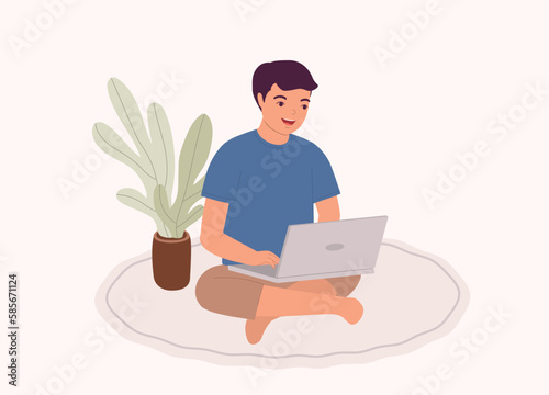 One Smiling Boy With Laptop Sitting On A Carpet. Full Length. Flat Design Style, Character, Cartoon.