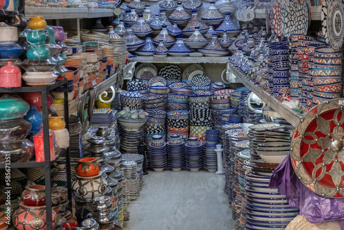 Colorful pottery for sale in the souk of the Medina in Marrakech, Morocco