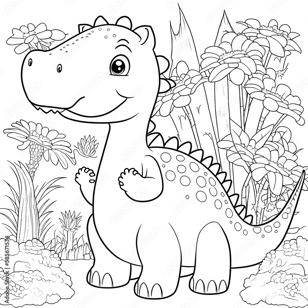 Fototapeta premium Cute dinosaur outline illustration. Sketch and concept of coloring book. Fit for education, kids book study, cover, tattoo.