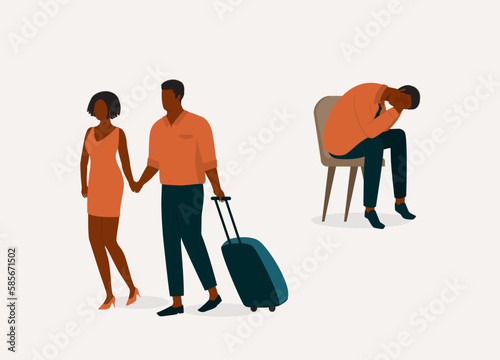 Disloyal Black Wife Leaving Her Husband For Another Man. Devastated Husband Sitting On Chair Feeling Lost And Helpless. Extra-Marital Affair. Full Length. Flat Design Style, Character, Cartoon.