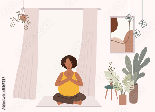 One Smiling Young Black Pregnant Woman With Prayer Pose Sitting On Mat And Practicing Yoga At Home. Full Length. Flat Design Style, Character, Cartoon.