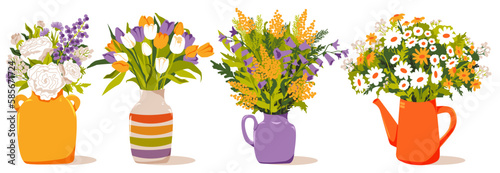 Set of Vases with bouquets with roses, mimosa, blooming flowers and herbs. Spring. Home decor. Vector illustration
