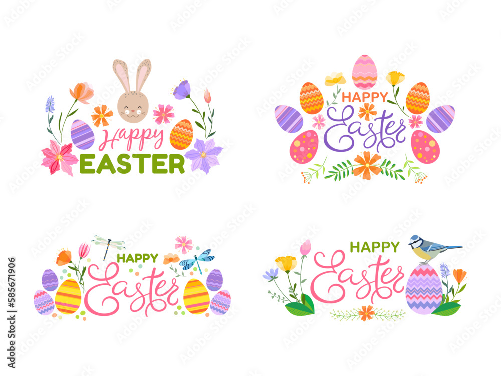 Set of Happy Easter vector illustrations. Trendy Easter design with typography, bunnies, flowers, eggs, bunny ears in soft colors.
