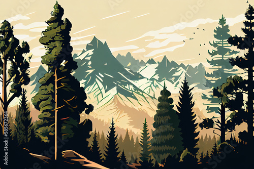 Forrest landscape. Tree background. Forrest banner. Mountain landscape. Generative Ai