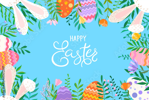 Happy Easter vector illustration on blue background. Trendy Easter design with typography, flowers, eggs and bunny ears in soft colors for banner, poster, greeting card.