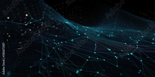Türkise, Neuronale Netze 3D-Illustration. Big Data und Cybersicherheit. Datenstrom. Globale Datenbank und künstliche Intelligenz. Farbenfroher Hintergrund mit Bokeh-Effekt (GenerativeAI)