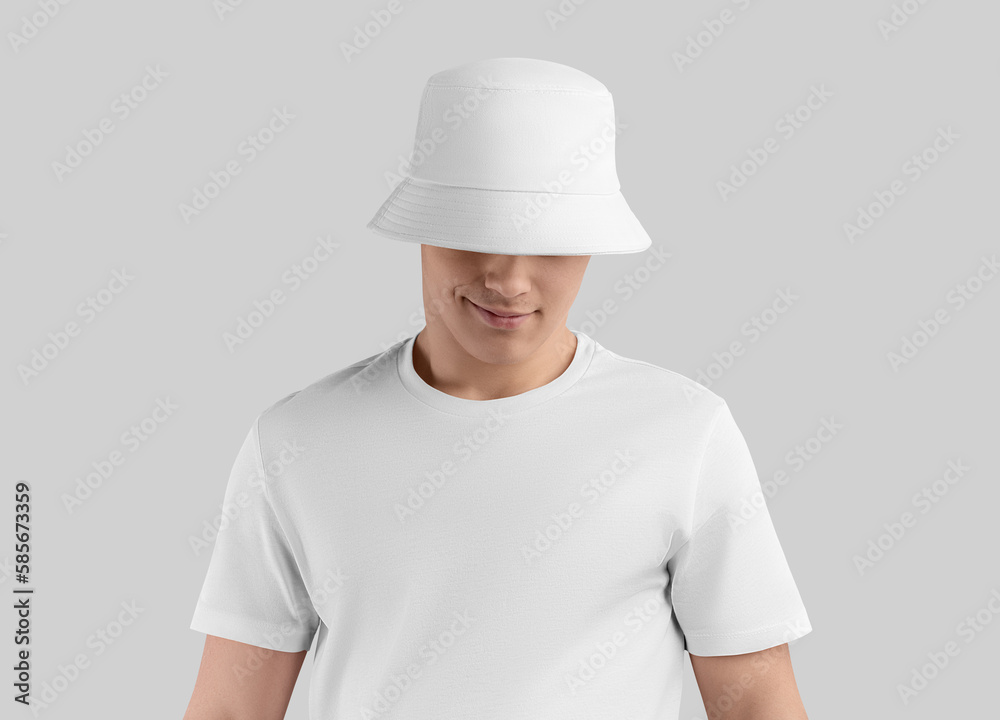 White panama template for sun protection, fashion accessory on smiling man in t-shirt, isolated on background. White panama template for sun protection, fashion accessory on smiling man in t-shirt, isolated on background.