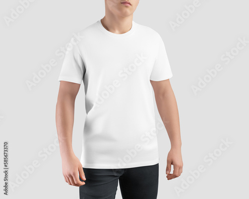 Mockup of a white shirt on a guy in dark jeans, front view, men's t-shirt, for commerce, design, branding, print.
