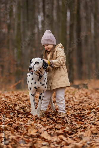 girl with a Dalmatian dog in the autumn forest