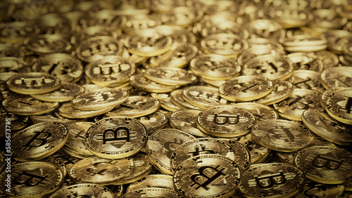 Bitcoin Cryptocurrency represented as Gold Coins. Digital Investing Background. 3D Render. photo