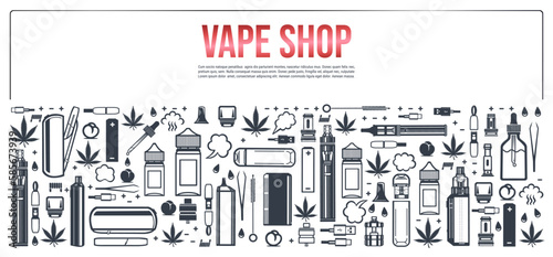 Vape shop horizontal frame for product design. Cigarettes, liquid vaporizers, marijuana leaf. Vector isolated on white background.